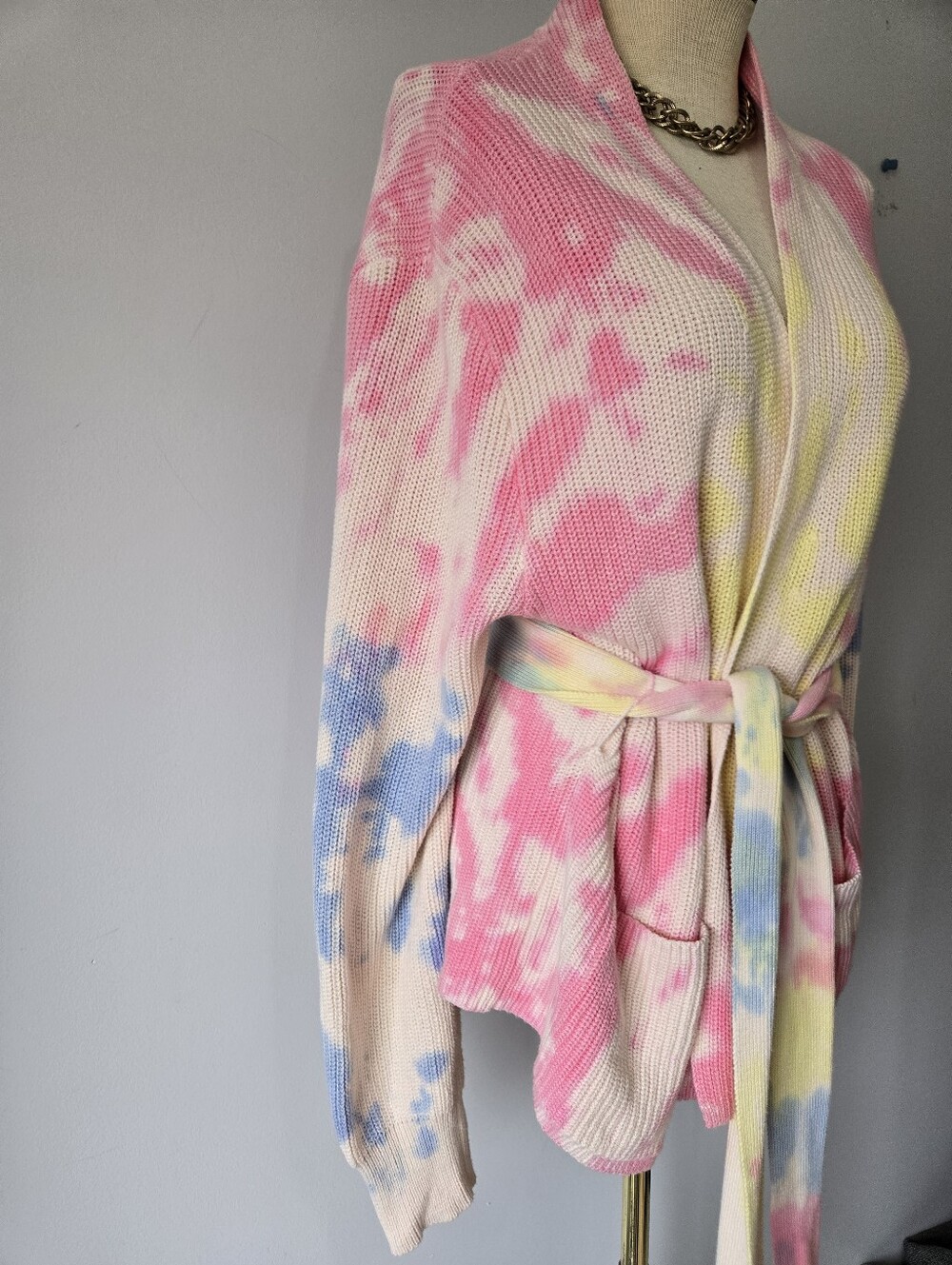 525 America Pastel Tie-Dye Cotton Knit Belted Cardigan. Size Large - Picture 4 of 13